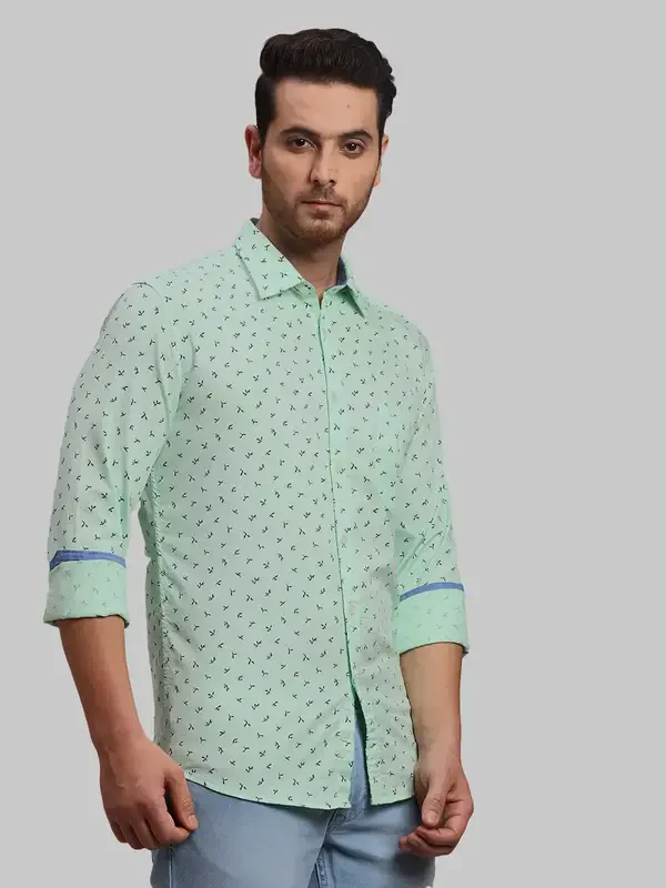 Men Green Slim Fit Print Cotton Full Sleeve Shirts - Image 2