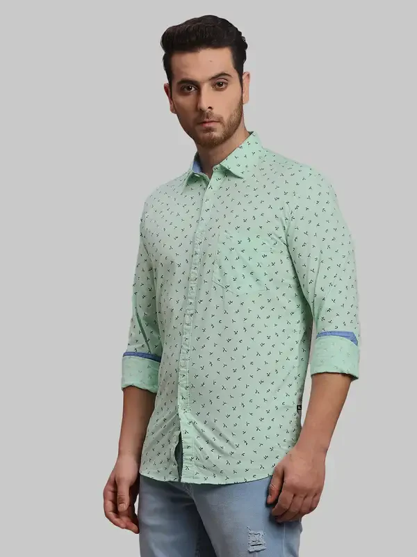Men Green Slim Fit Print Cotton Full Sleeve Shirts - Image 3