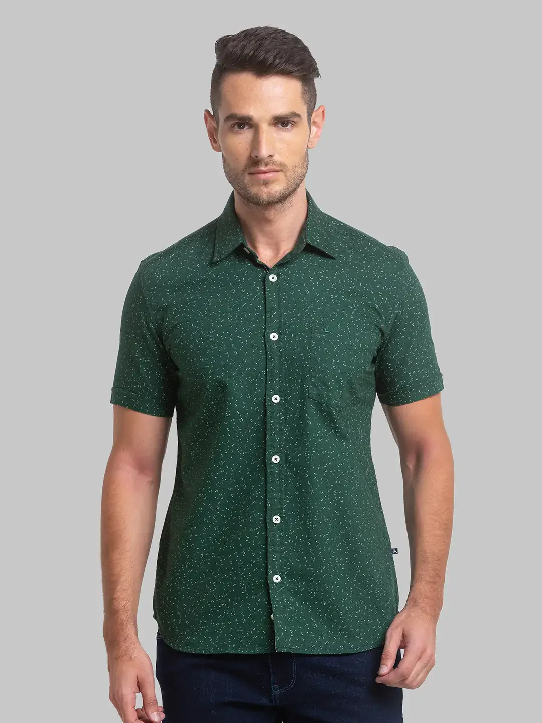 Men Green Slim Fit Print Cotton Half Sleeve Shirts