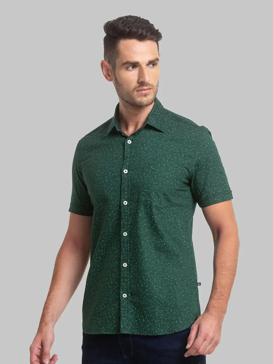 Men Green Slim Fit Print Cotton Half Sleeve Shirts - Image 3