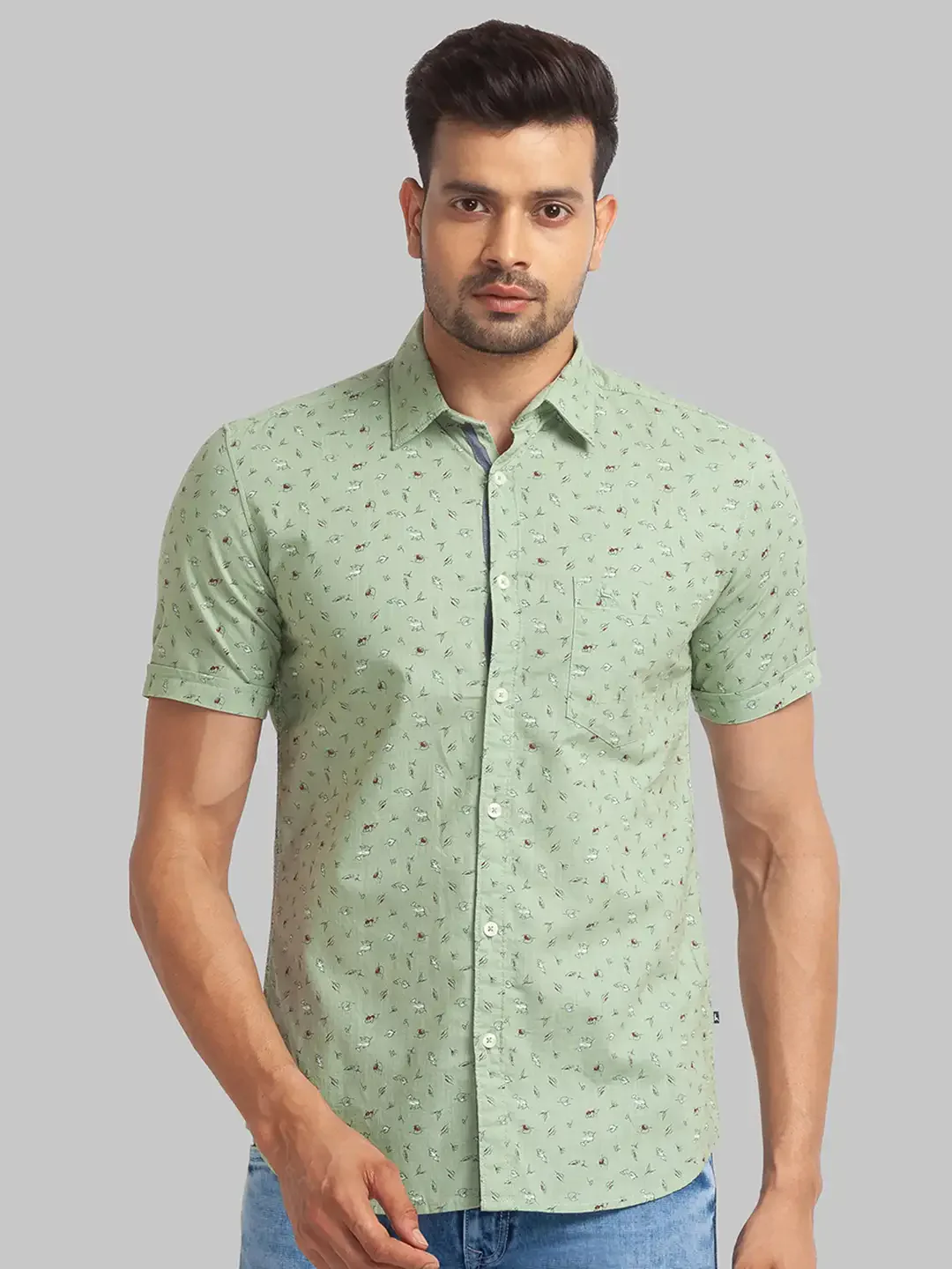 Men Green Slim Fit Print Cotton Half Sleeve Shirts