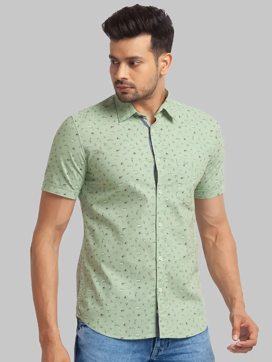 Men Green Slim Fit Print Cotton Half Sleeve Shirts - Image 2