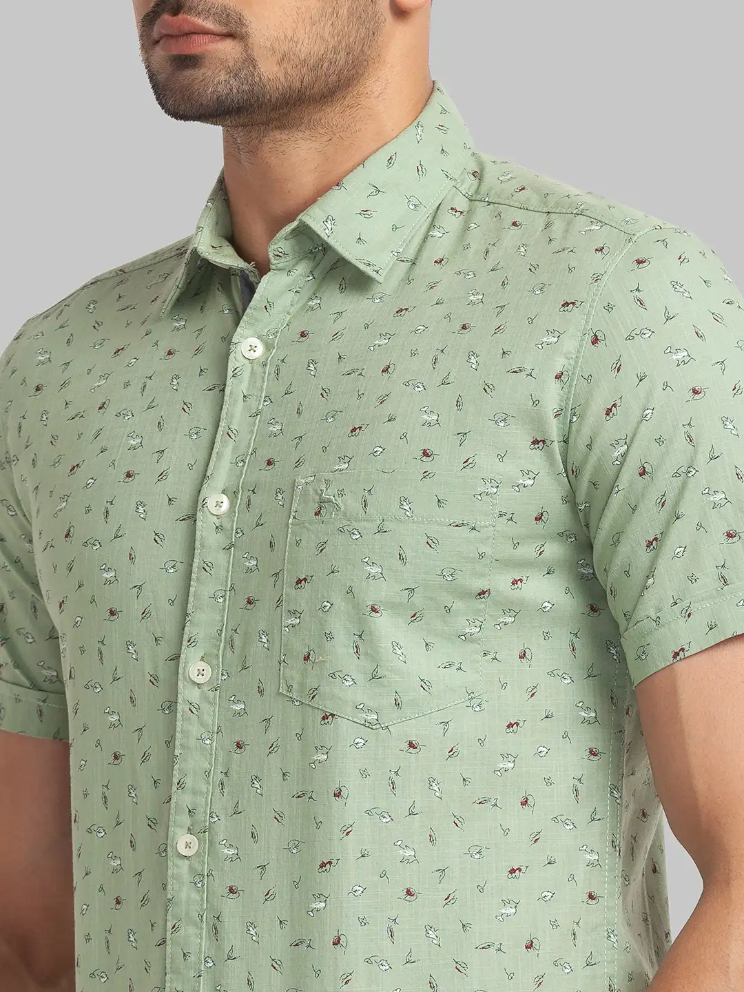 Men Green Slim Fit Print Cotton Half Sleeve Shirts - Image 6