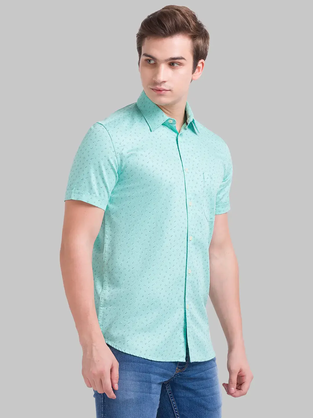 Men Green Slim Fit Print Cotton Half Sleeve Shirts - Image 2