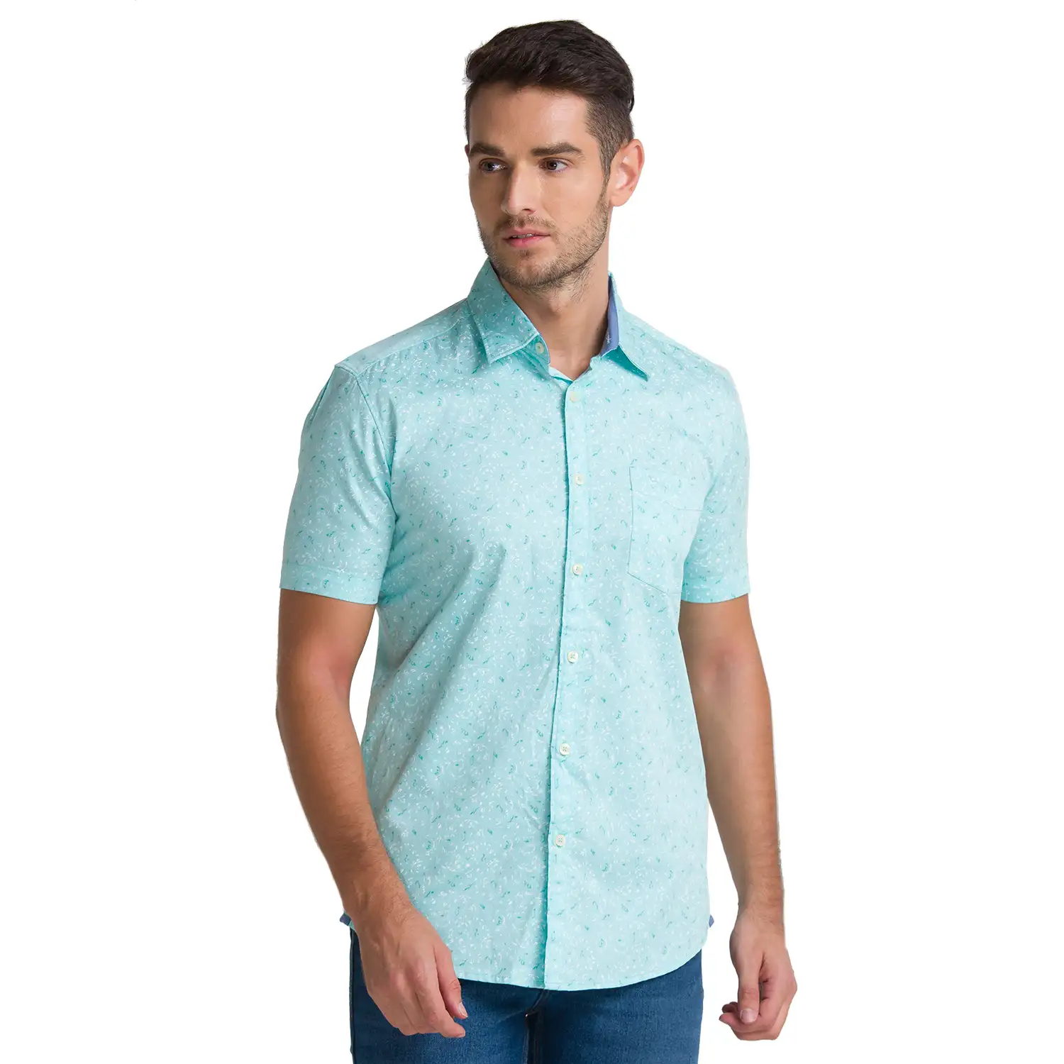 Men Green Slim Fit Print Cotton Half Sleeve Shirts