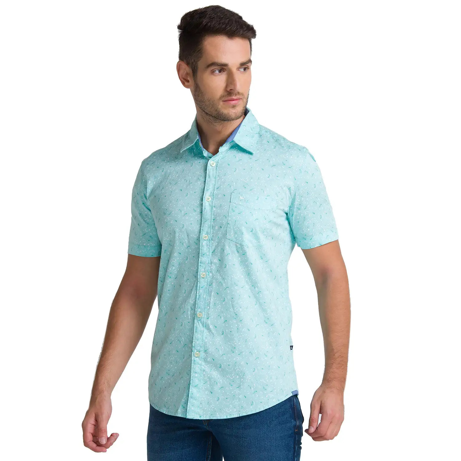 Men Green Slim Fit Print Cotton Half Sleeve Shirts - Image 3