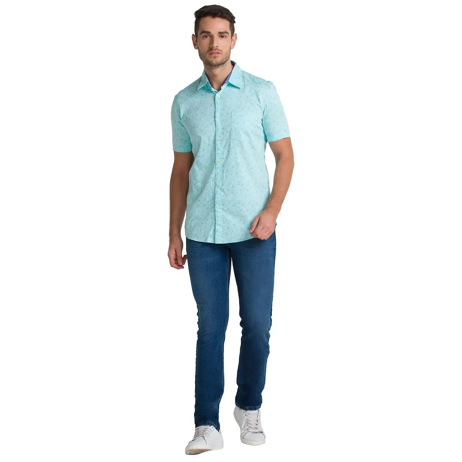 Men Green Slim Fit Print Cotton Half Sleeve Shirts - Image 5