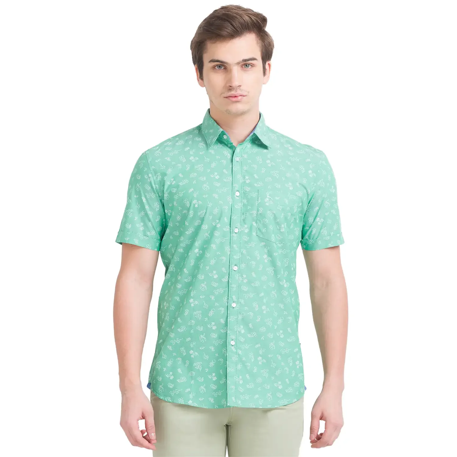 Men Green Slim Fit Print Cotton Half Sleeve Shirts