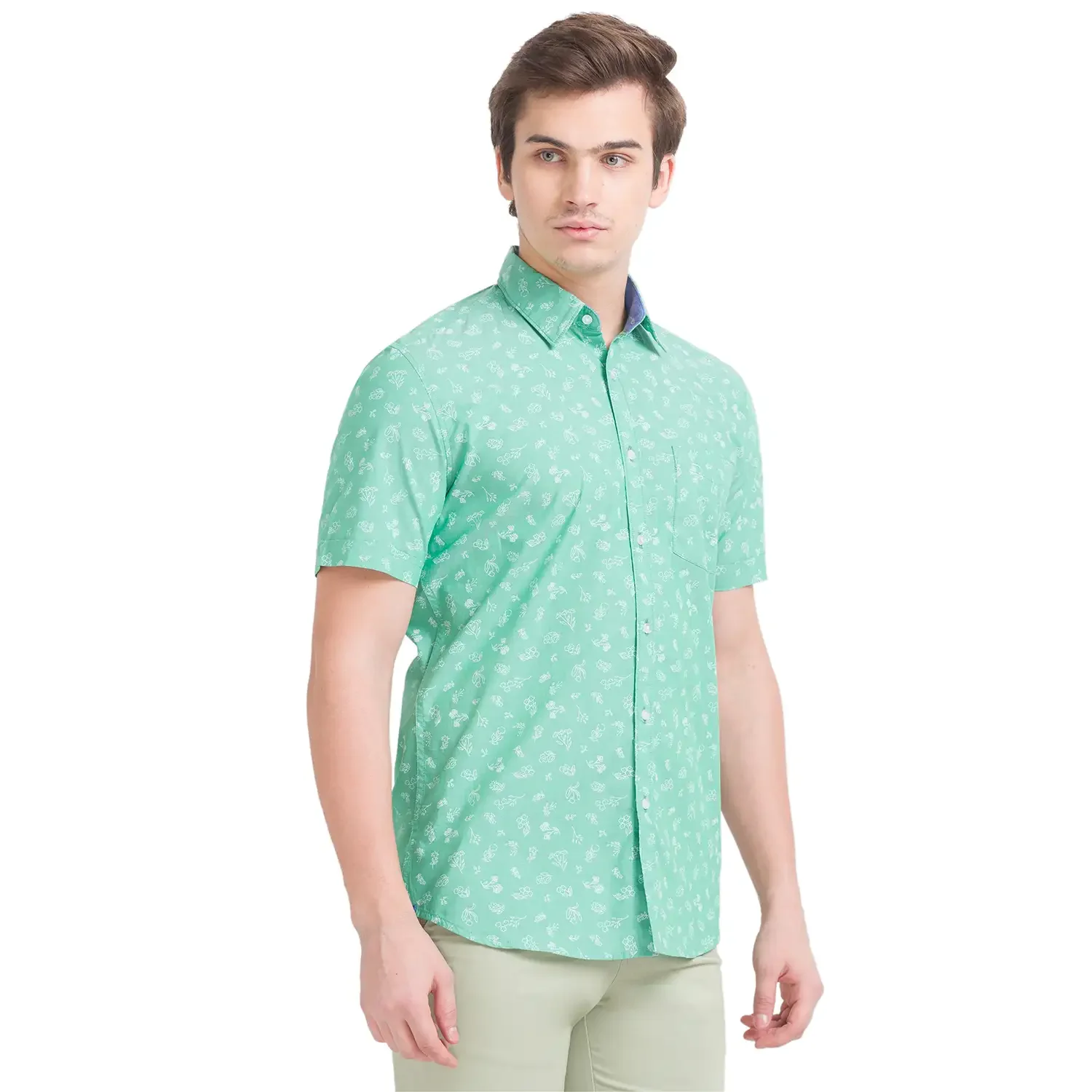 Men Green Slim Fit Print Cotton Half Sleeve Shirts - Image 2