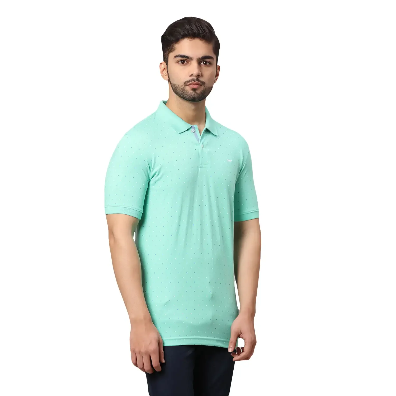 Men Green Slim Fit Print Cotton Polyester Blend Round Neck Collar Polo T-Shirt - Image 2
