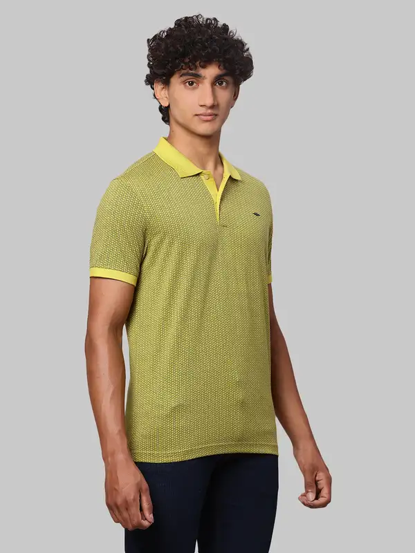 Men Green Slim Fit Print Cotton Polyester Blend Round Neck Collar Polo T-Shirt - Image 2