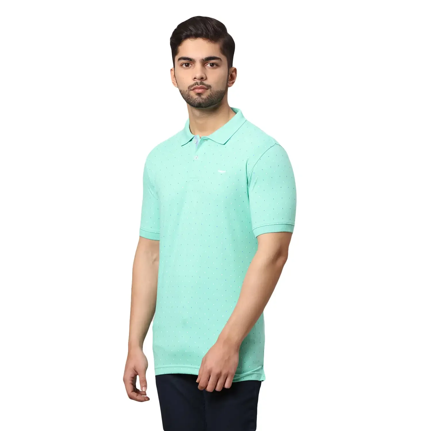 Men Green Slim Fit Print Cotton Polyester Blend Round Neck Collar Polo T-Shirt - Image 3