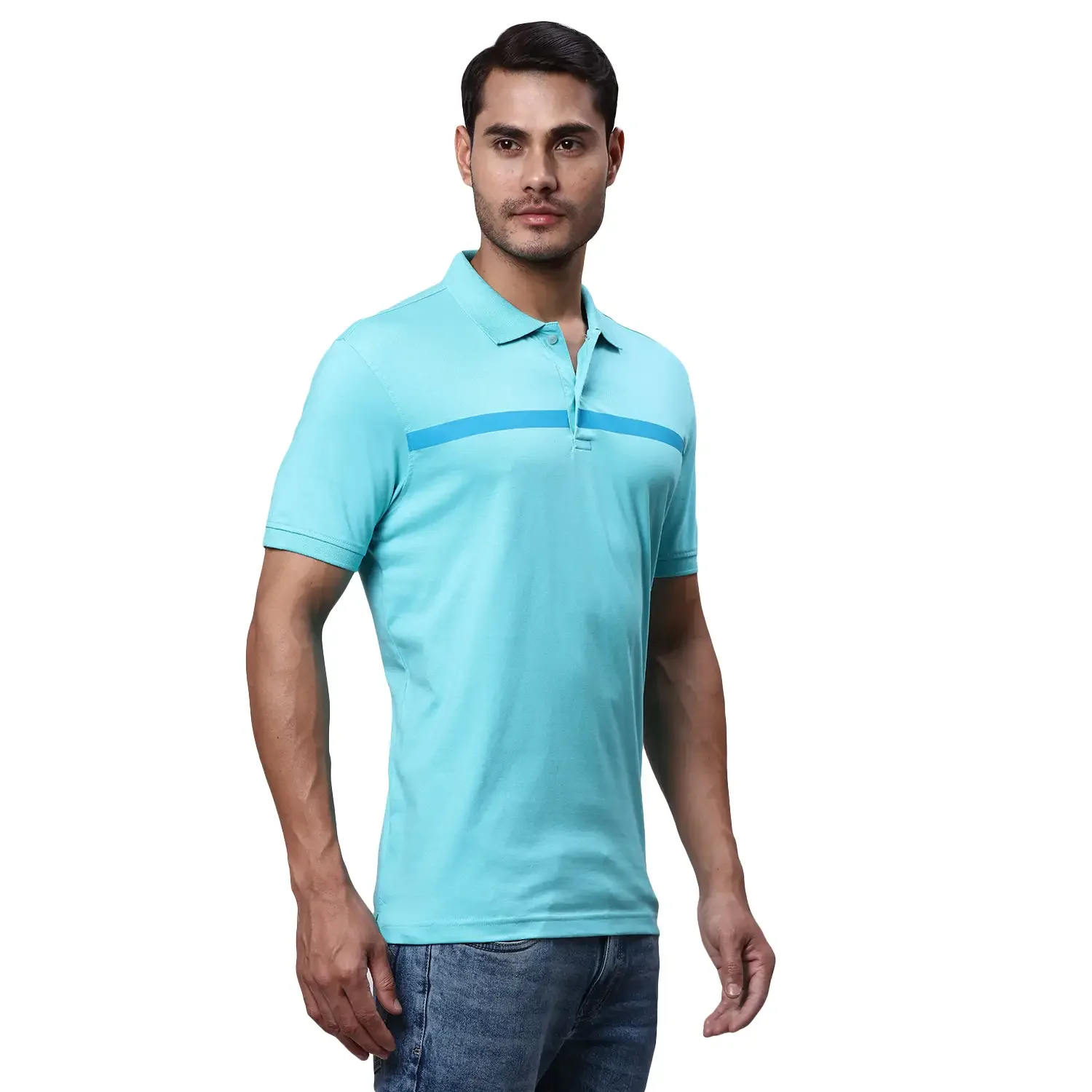 Men Green Slim Fit Print Cotton Polyester Blend Round Neck Collar Polo T-Shirt - Image 2
