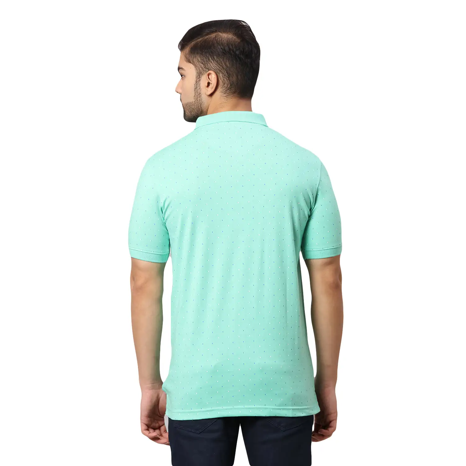 Men Green Slim Fit Print Cotton Polyester Blend Round Neck Collar Polo T-Shirt - Image 4