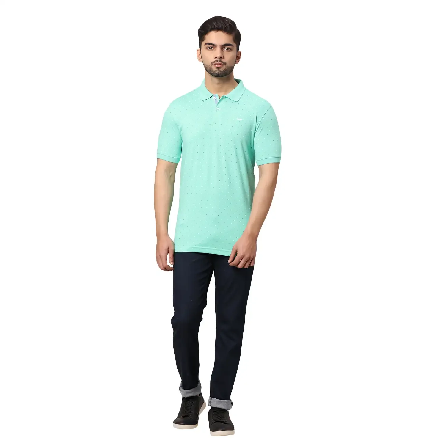 Men Green Slim Fit Print Cotton Polyester Blend Round Neck Collar Polo T-Shirt - Image 5