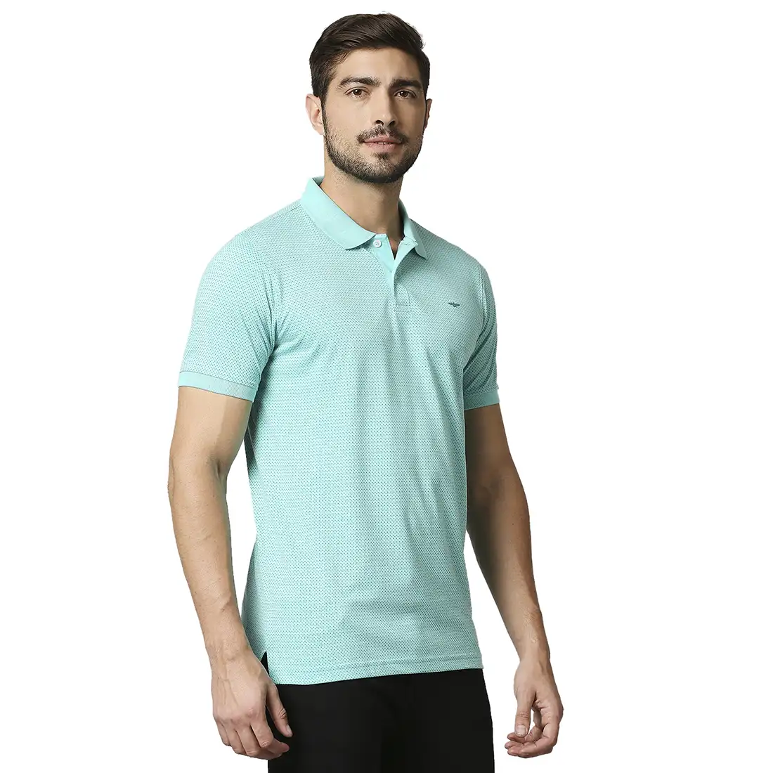 Men Green Slim Fit Print Cotton Round Neck Collar Polo T-Shirt - Image 2