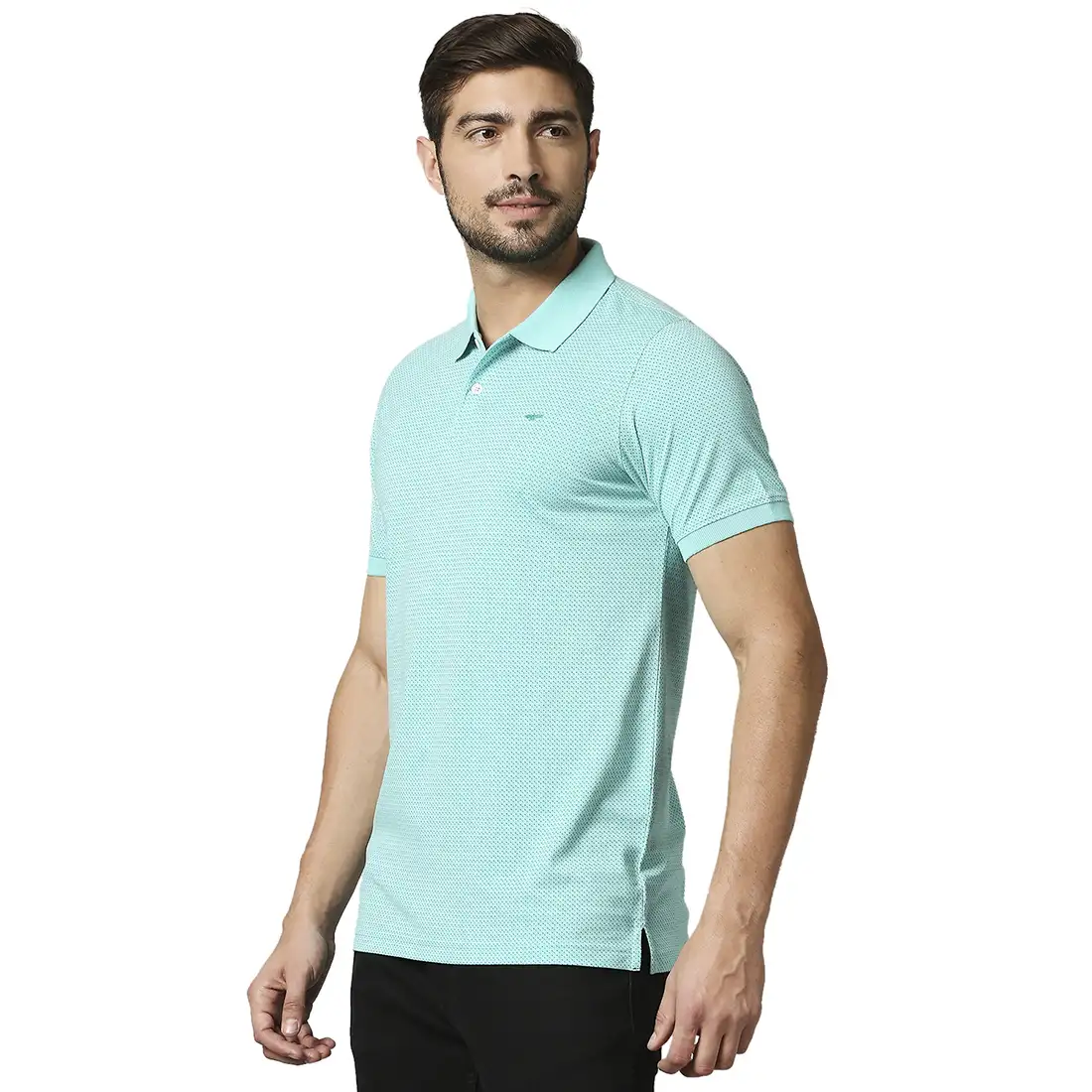 Men Green Slim Fit Print Cotton Round Neck Collar Polo T-Shirt - Image 3