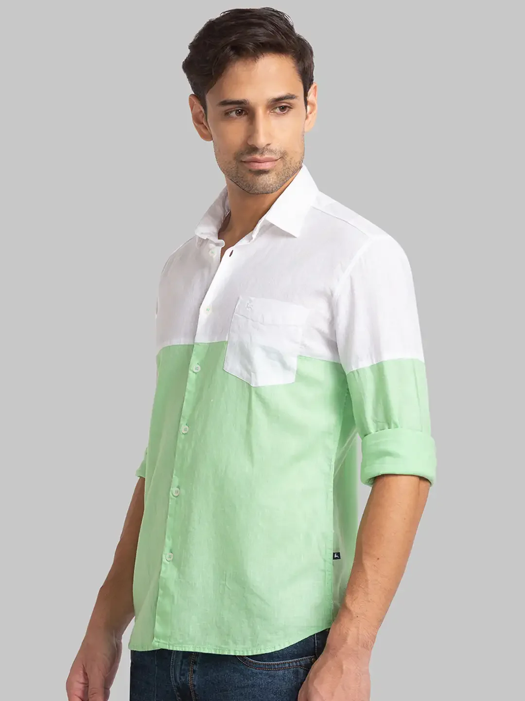 Men Green Slim Fit Solid Cotton Blend Full Sleeve Shirts - Image 3