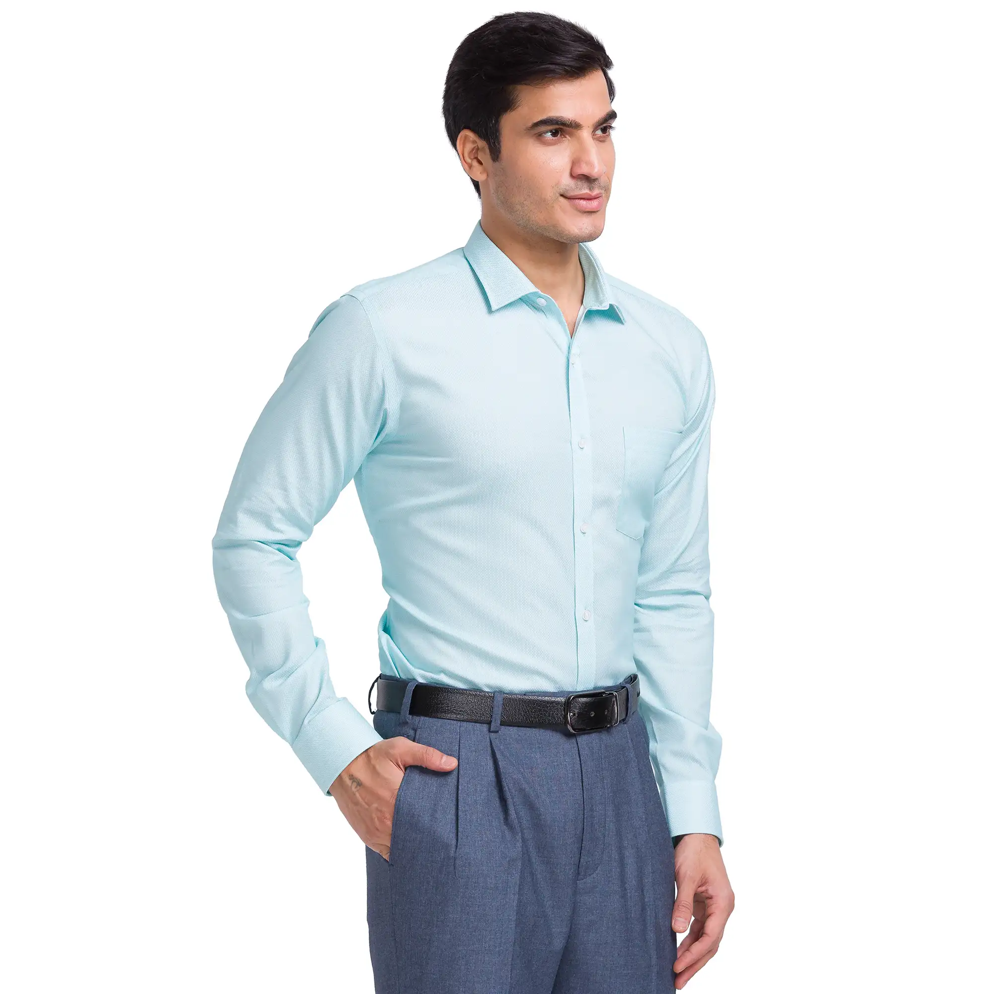 Men Green Slim Fit Solid Cotton Cut Away Collar Shirts - Image 2