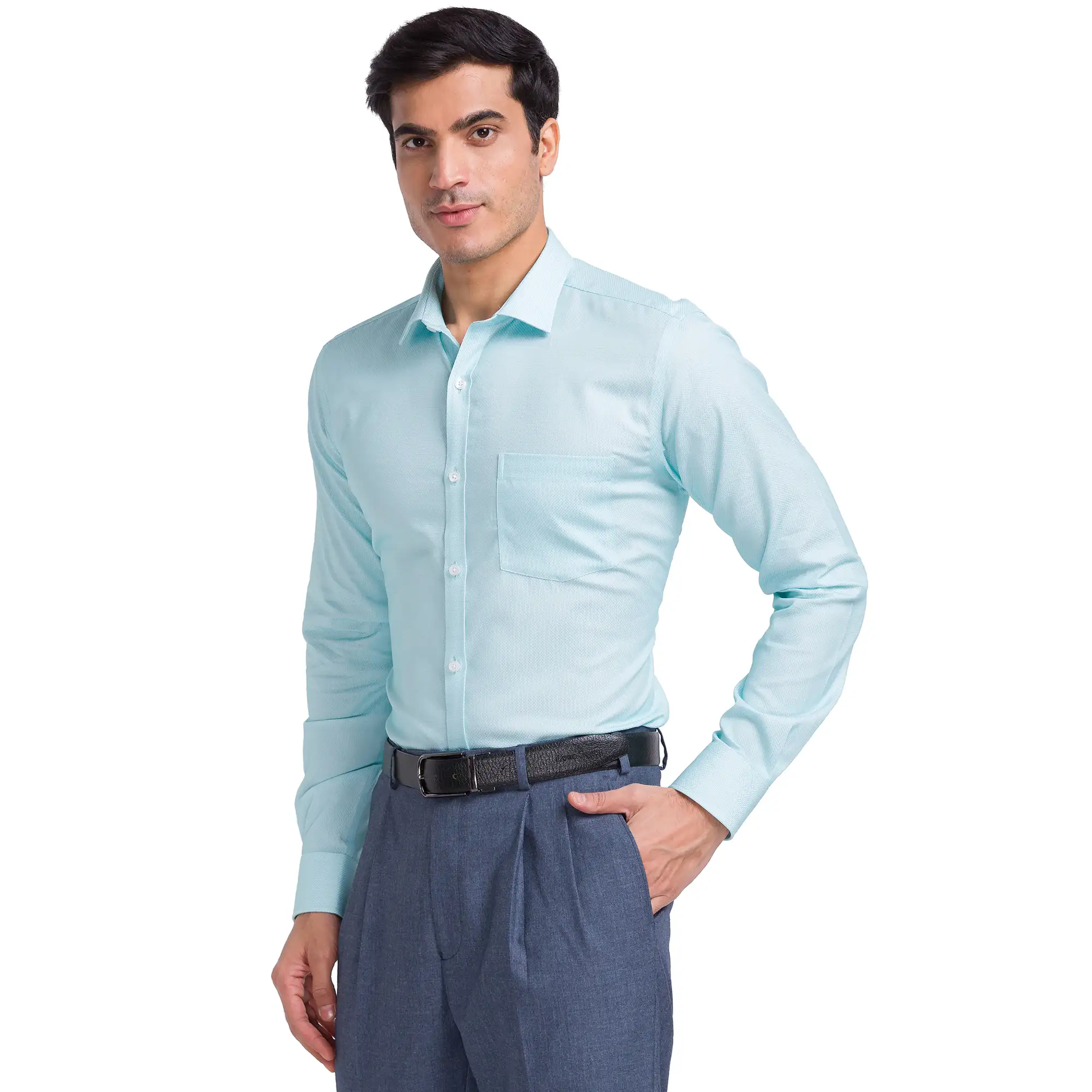 Men Green Slim Fit Solid Cotton Cut Away Collar Shirts - Image 3