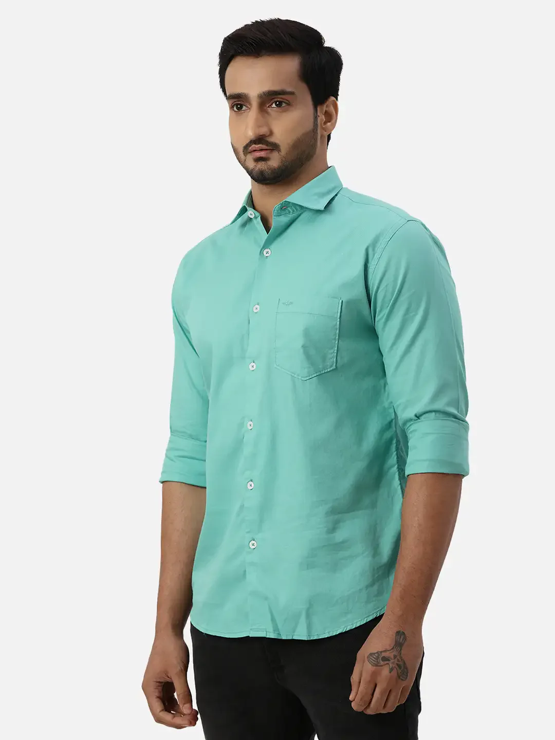 Park Avenue Men Green Slim Fit Solid Cotton Casual Shirt - Image 3