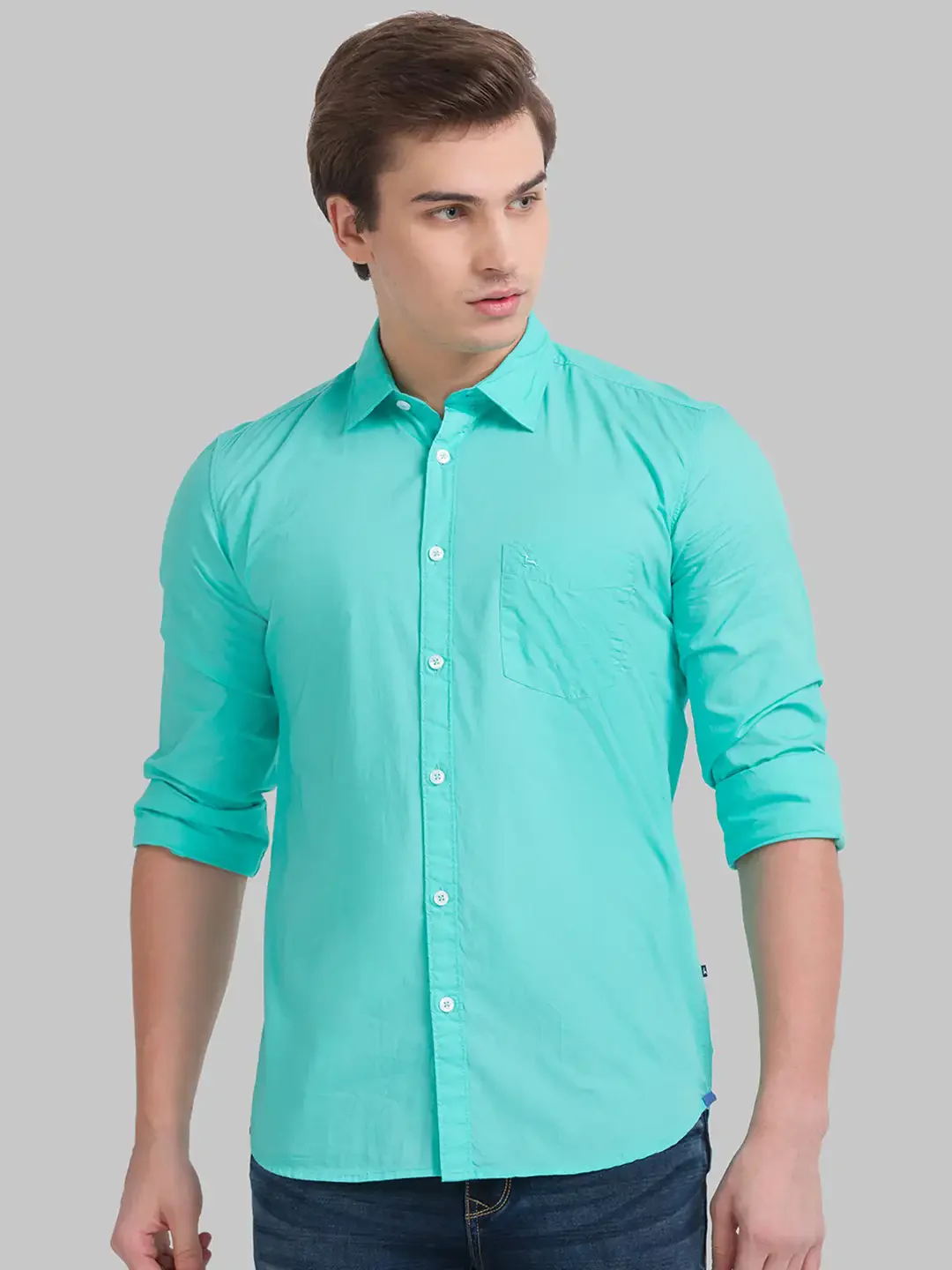 Men Green Slim Fit Solid Cotton Full Sleeve Shirts