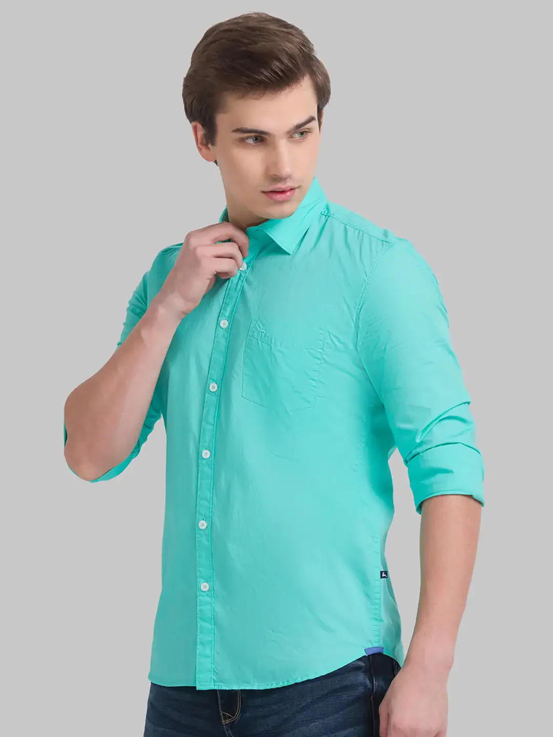 Men Green Slim Fit Solid Cotton Full Sleeve Shirts - Image 3