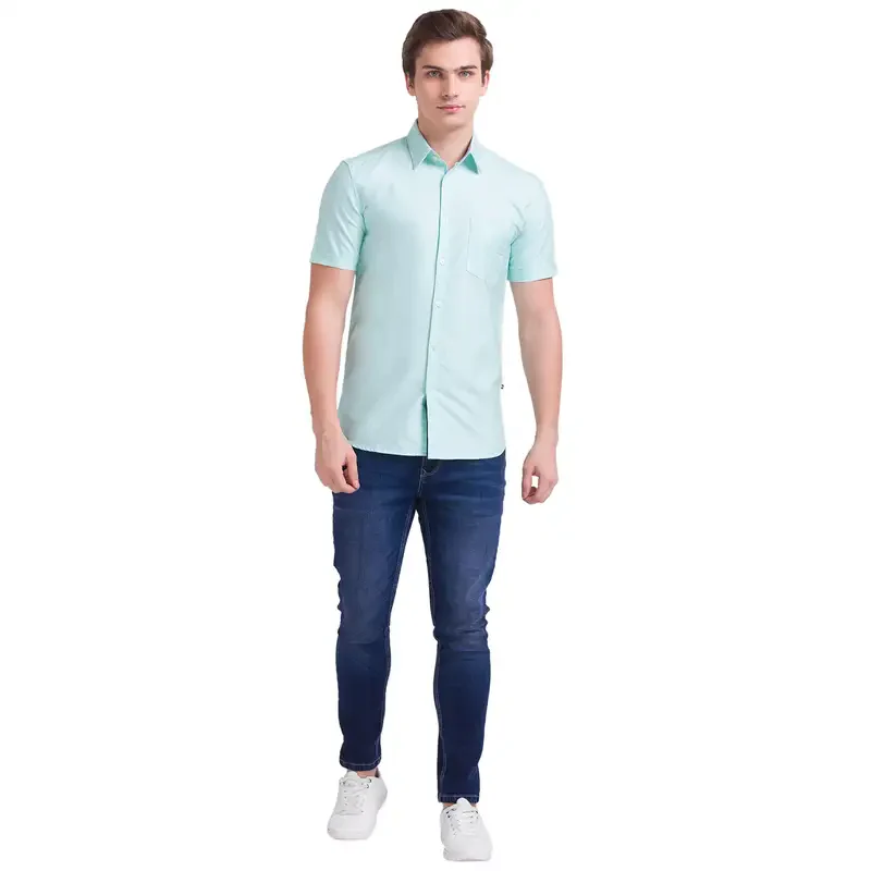 Men Green Slim Fit Solid Cotton Half Sleeve Shirts - Image 5