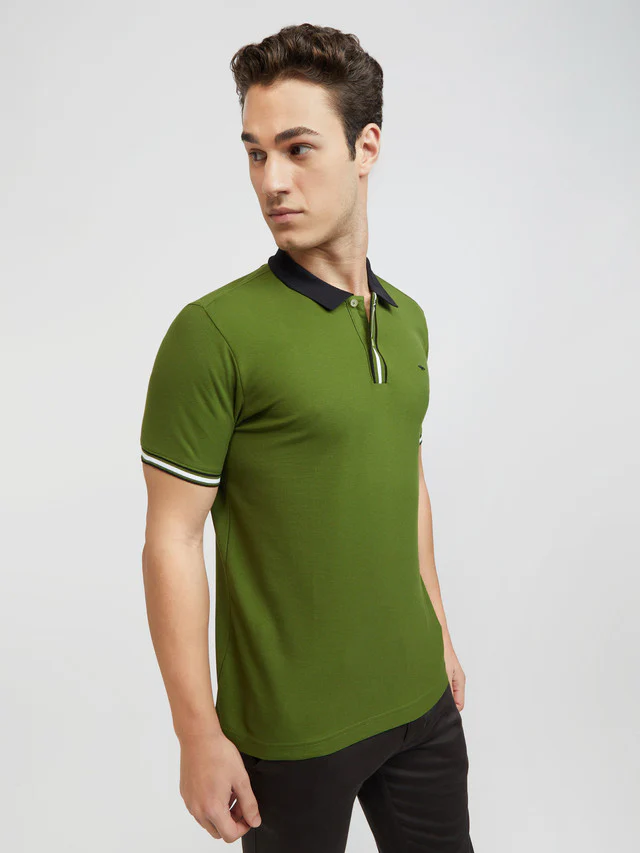 Men Green Slim Fit Solid Cotton Polyester Blend Round Neck Collar Polo T-Shirt - Image 2