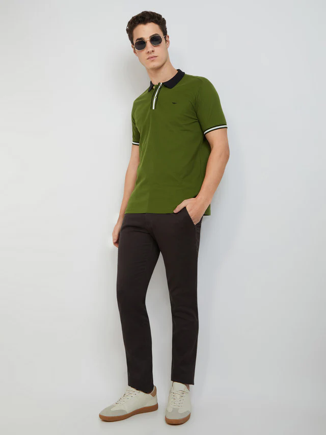 Men Green Slim Fit Solid Cotton Polyester Blend Round Neck Collar Polo T-Shirt - Image 6