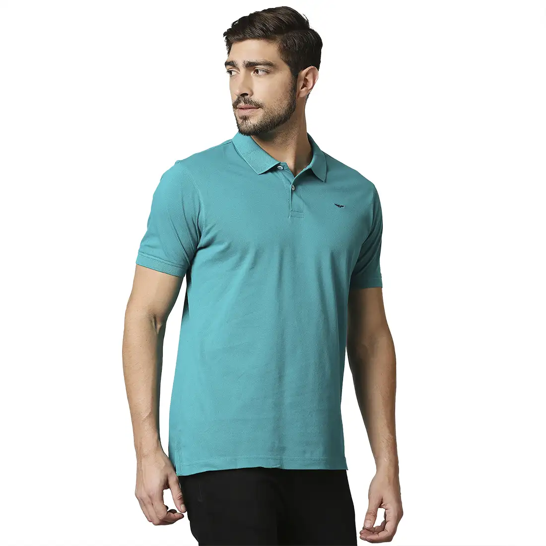 Men Green Slim Fit Solid Cotton Round Neck Collar Polo T-Shirt - Image 2