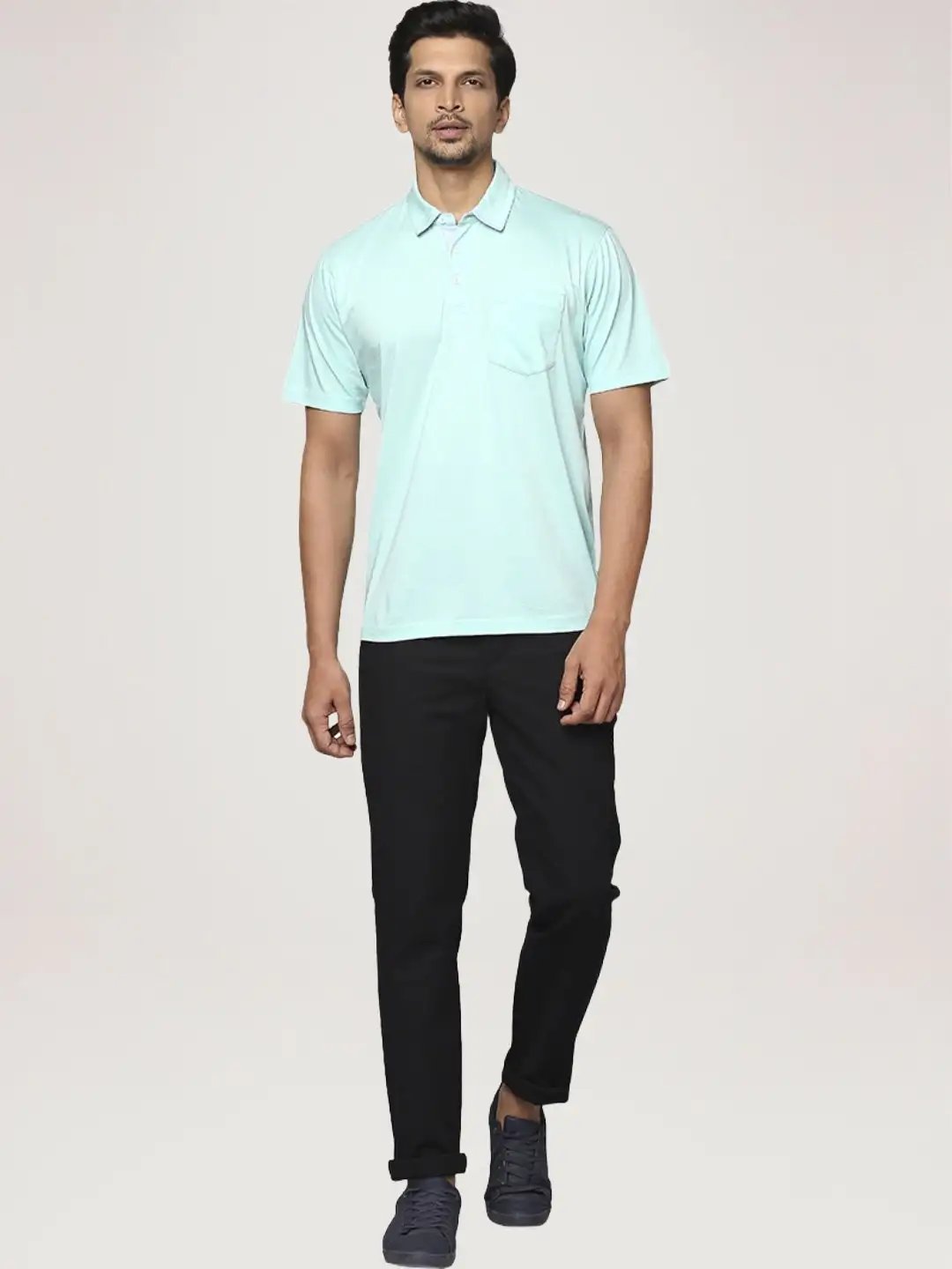 Men Green Slim Fit Solid Cotton Round Neck Collar Polo T-Shirt - Image 3