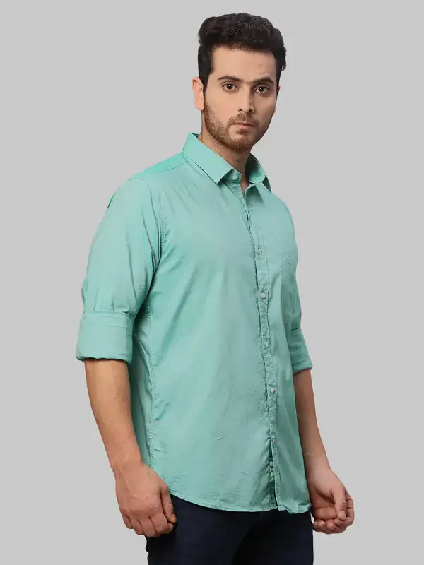 Men Green Slim Fit Solid Cotton Shirts - Image 2