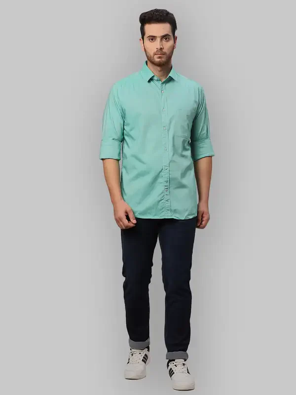 Men Green Slim Fit Solid Cotton Shirts - Image 5