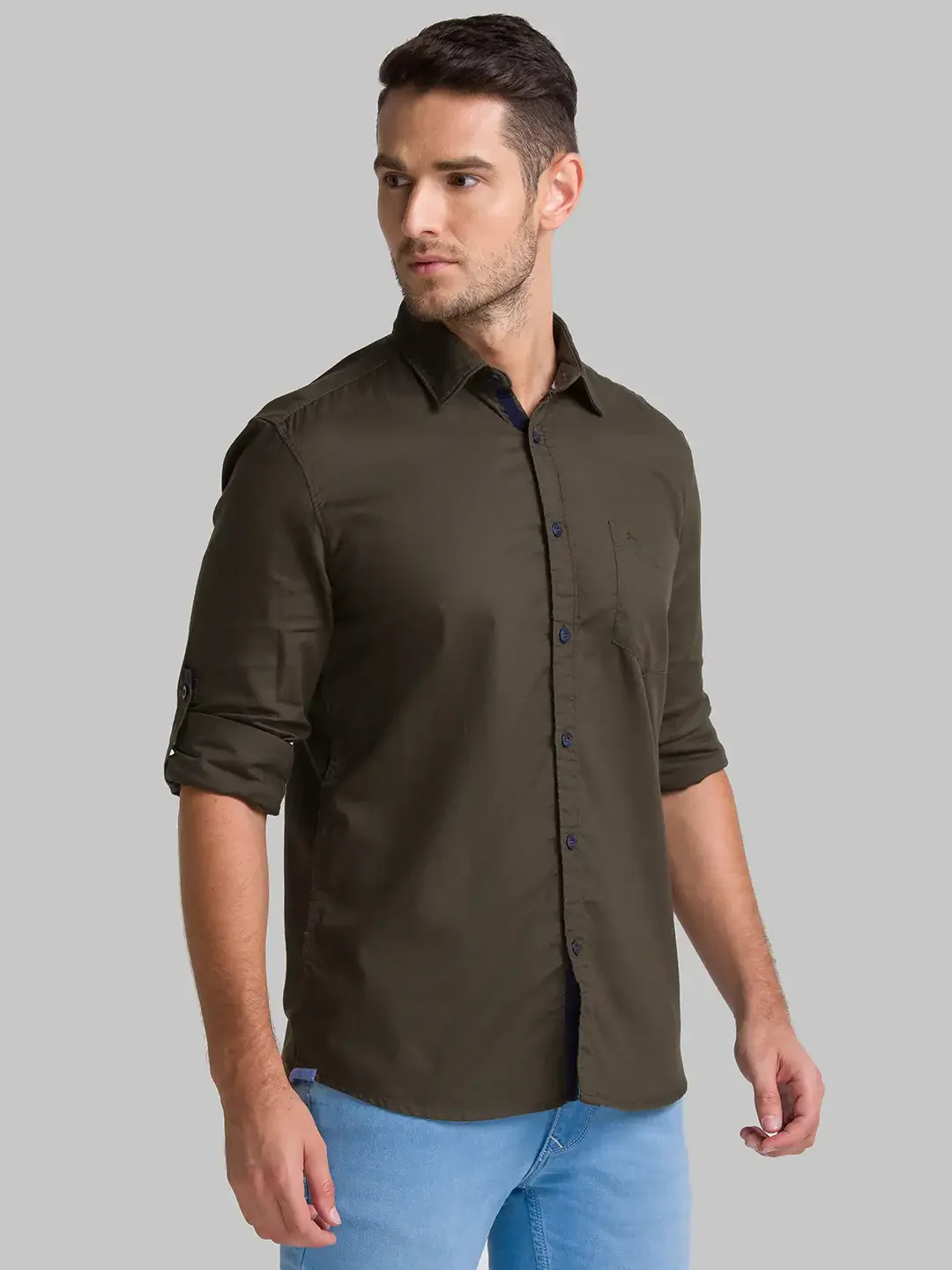 Men Green Slim Fit Solid-Dobby Cotton Full Sleeve Shirts - Image 2