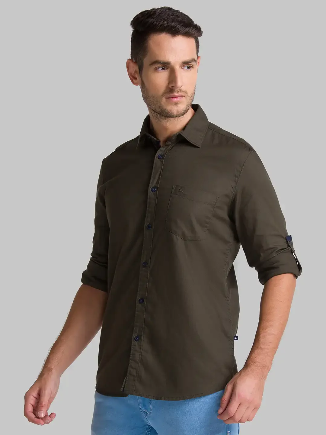 Men Green Slim Fit Solid-Dobby Cotton Full Sleeve Shirts - Image 3