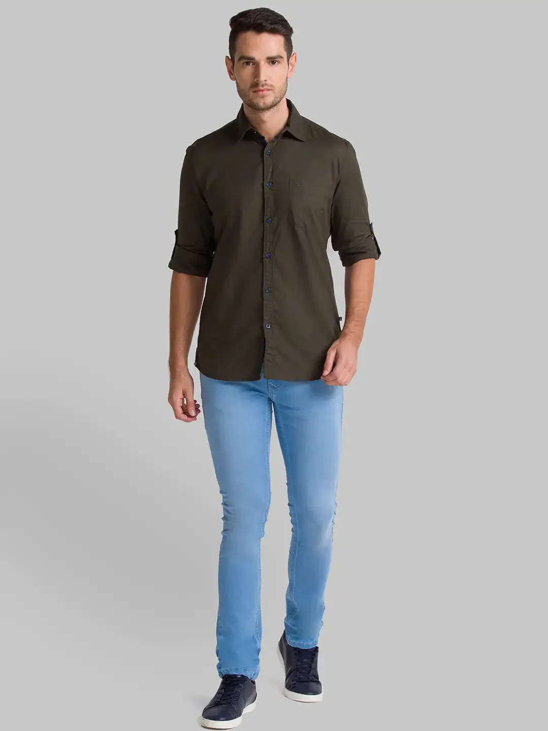 Men Green Slim Fit Solid-Dobby Cotton Full Sleeve Shirts - Image 4