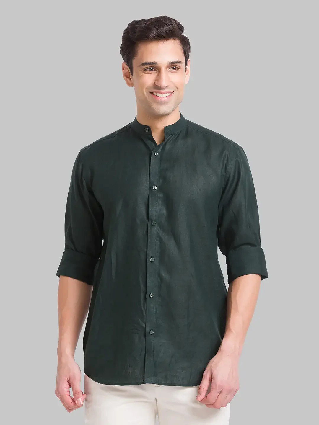 Men Green Slim Fit Solid Linen Shirts