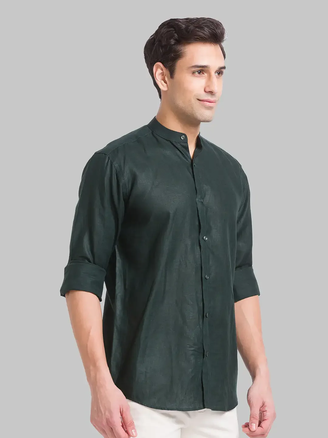 Men Green Slim Fit Solid Linen Shirts - Image 2