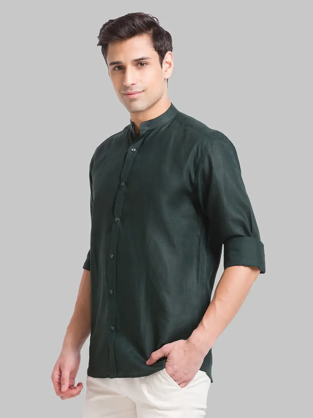 Men Green Slim Fit Solid Linen Shirts - Image 3