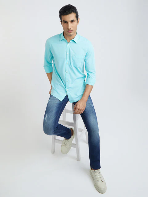 Parx Men Blue Solid Slim Fit Bamboo Blend Casual Shirt - Image 5
