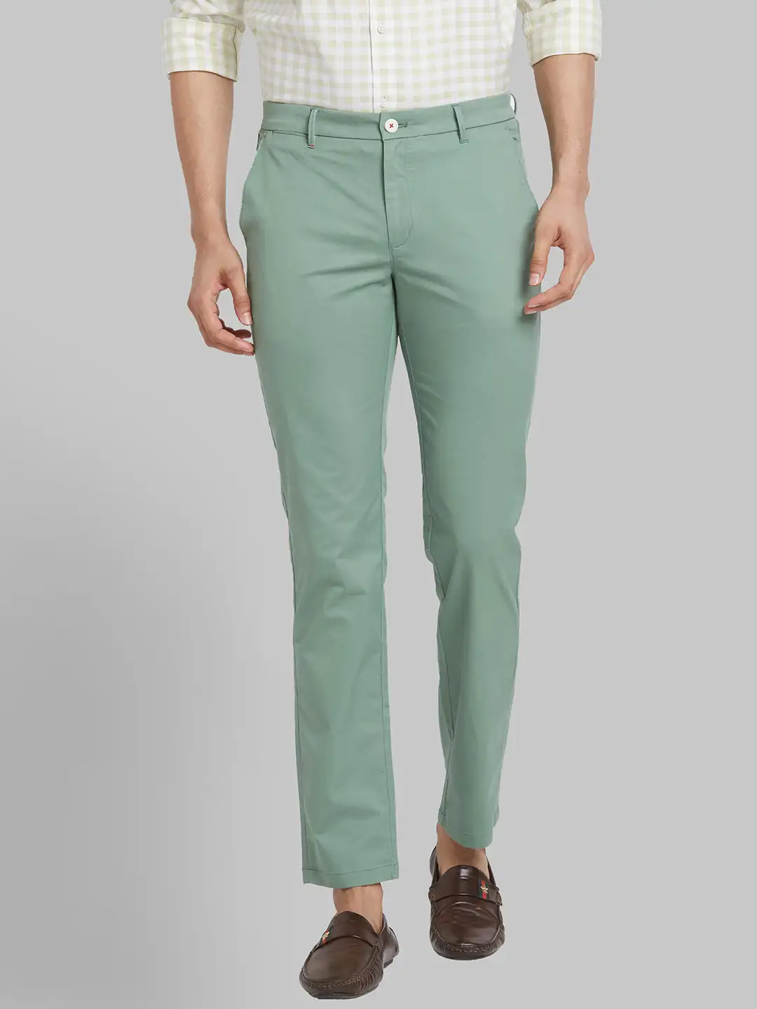 Men Green Slim Fit Solid Polyester Blend Trouser