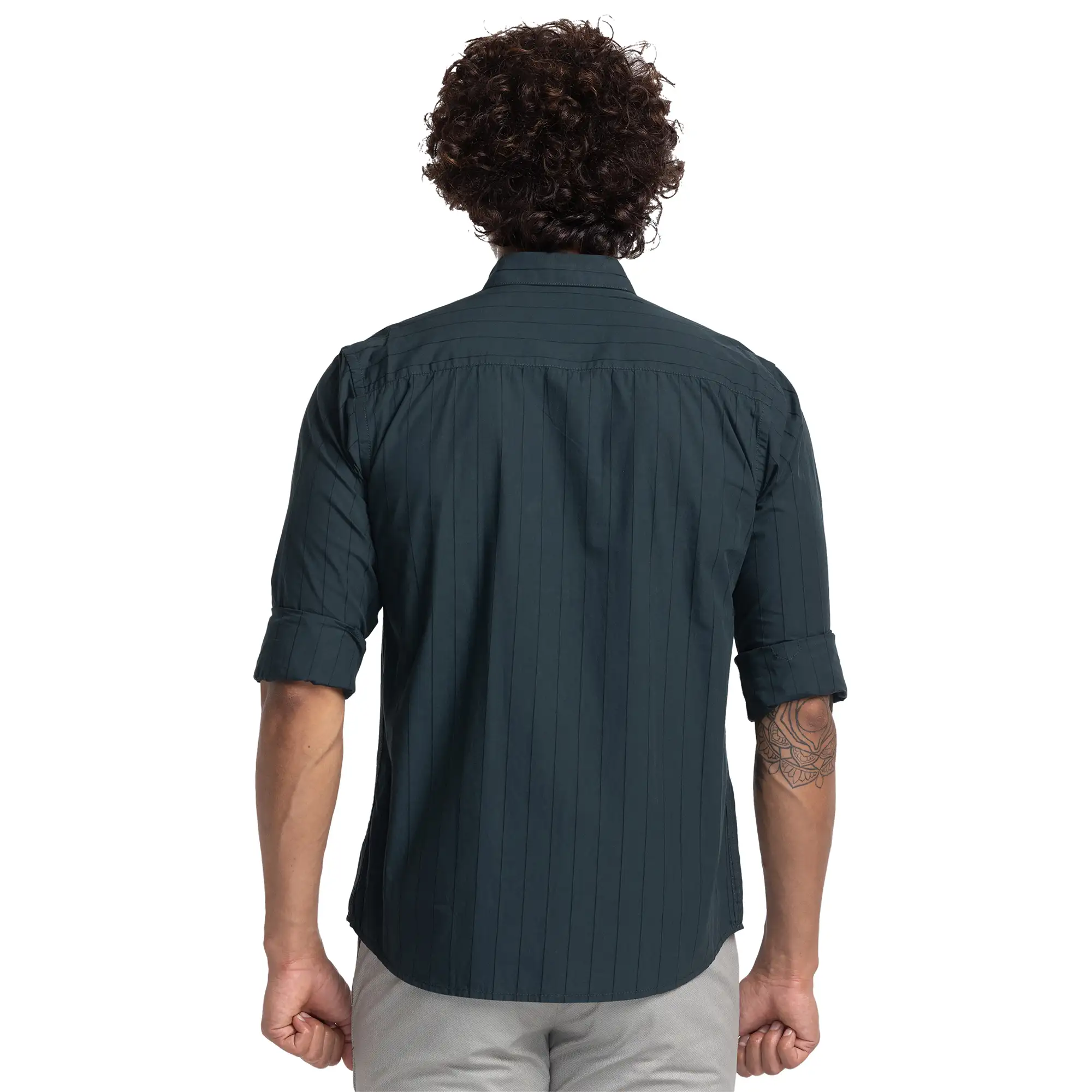 Men Green Slim Fit Stripe Cotton Cut Away Collar Shirts - Image 4