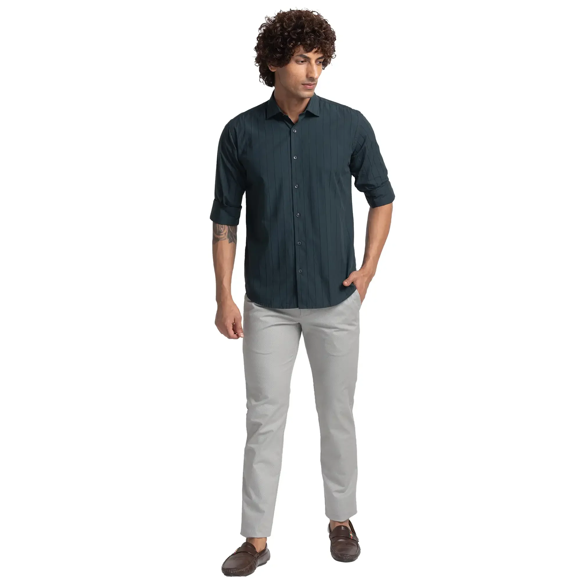 Men Green Slim Fit Stripe Cotton Cut Away Collar Shirts - Image 5