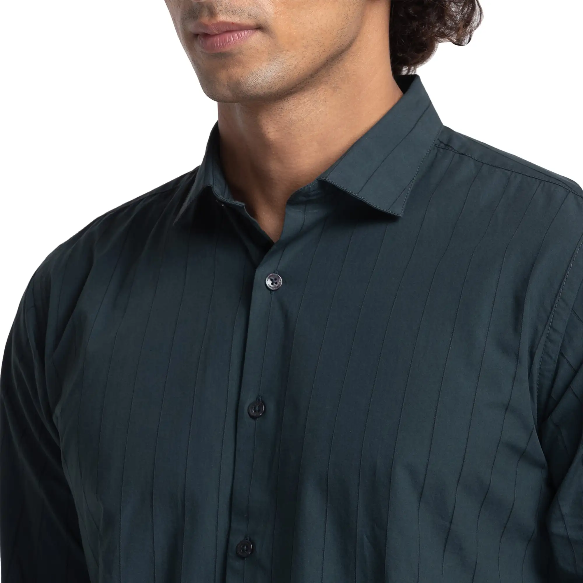 Men Green Slim Fit Stripe Cotton Cut Away Collar Shirts - Image 6