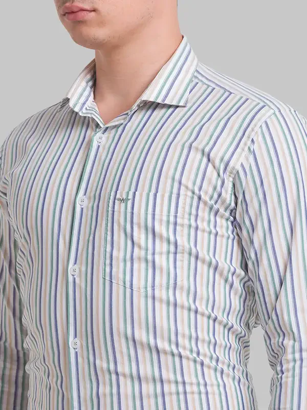 Men Green Slim Fit Stripe Cotton Cut Away Collar Shirts - Image 6