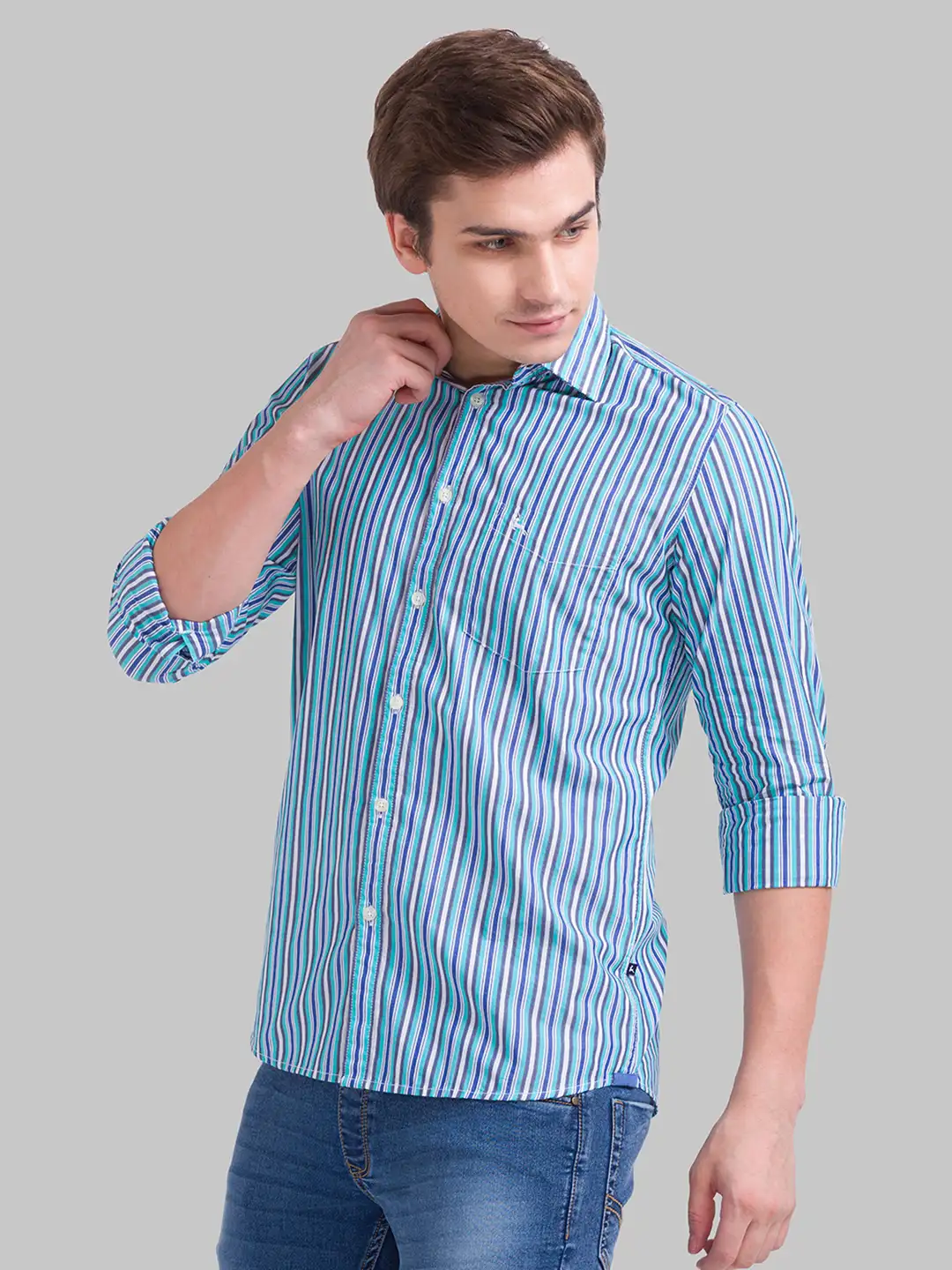 Men Green Slim Fit Stripe Cotton Full Sleeve Shirts - Image 3