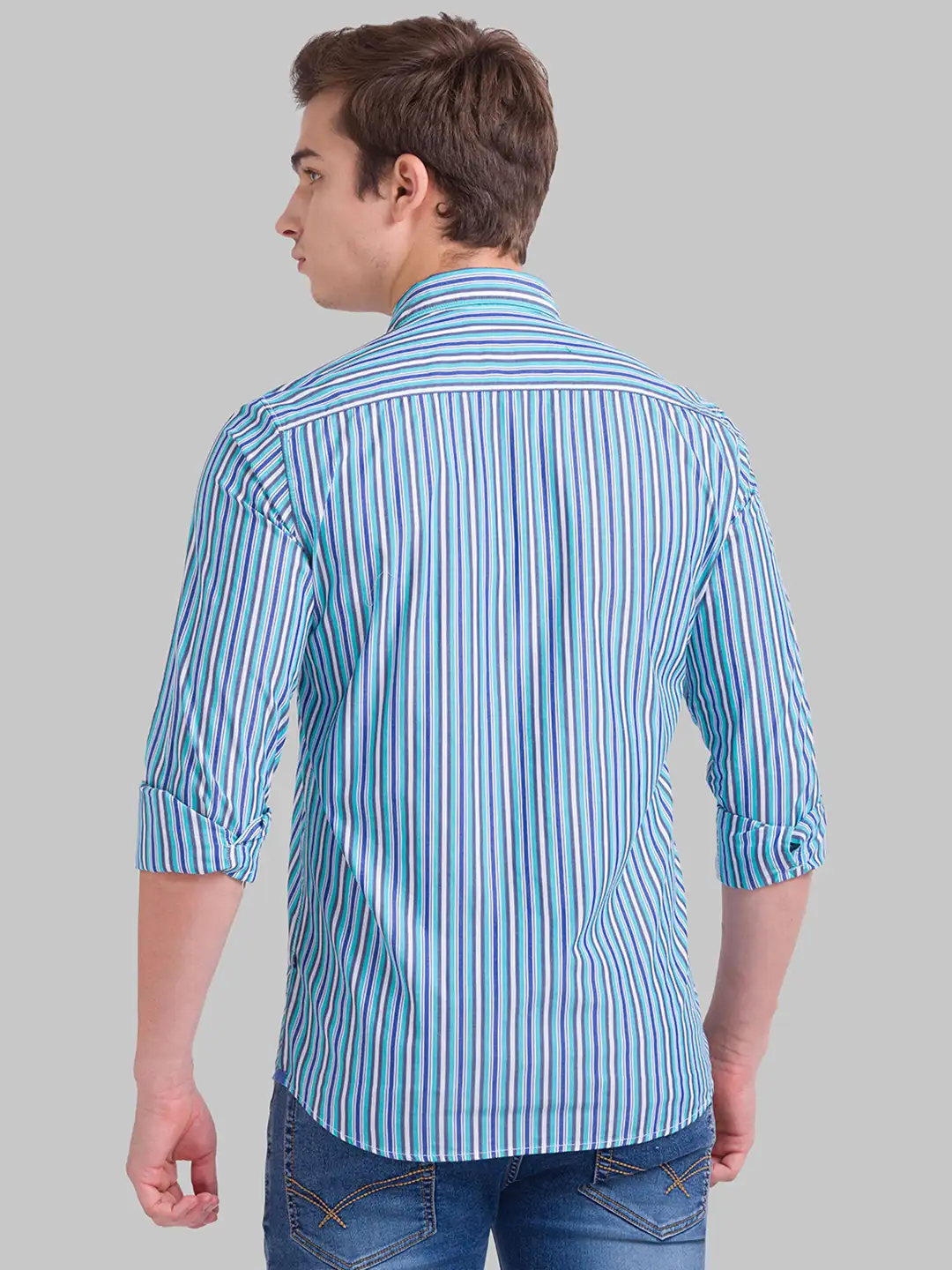 Men Green Slim Fit Stripe Cotton Full Sleeve Shirts - Image 4