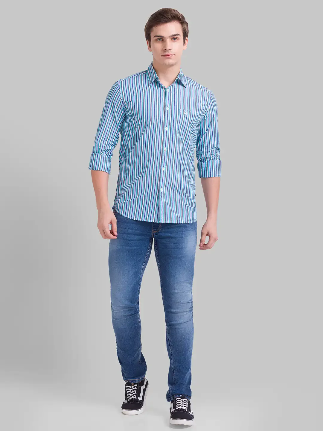 Men Green Slim Fit Stripe Cotton Full Sleeve Shirts - Image 5