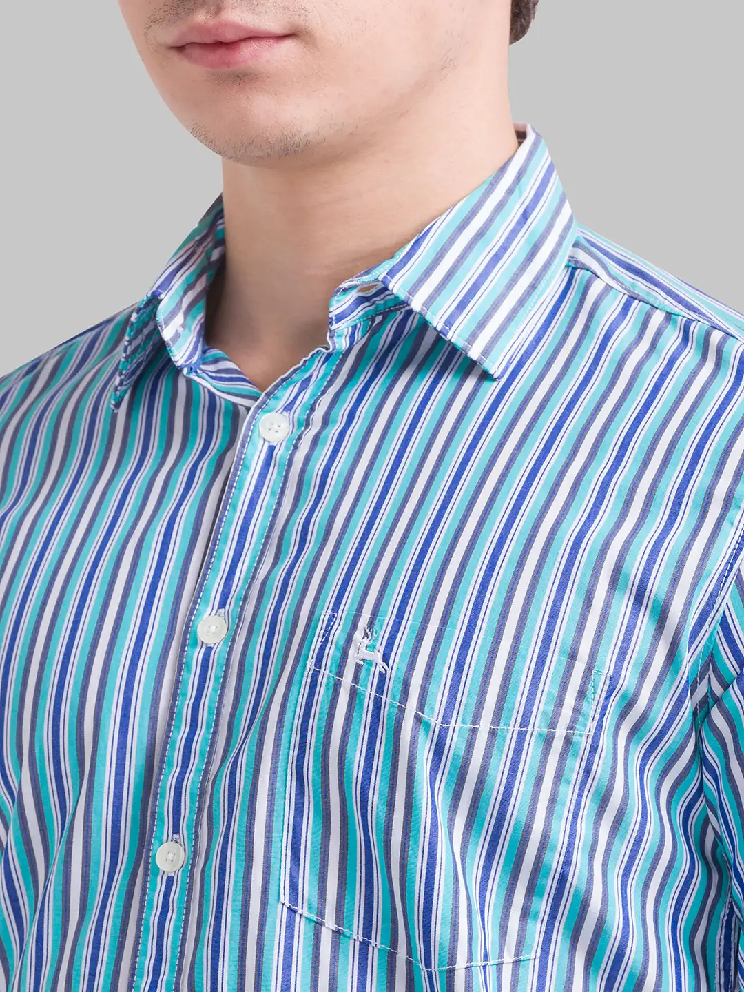 Men Green Slim Fit Stripe Cotton Full Sleeve Shirts - Image 6
